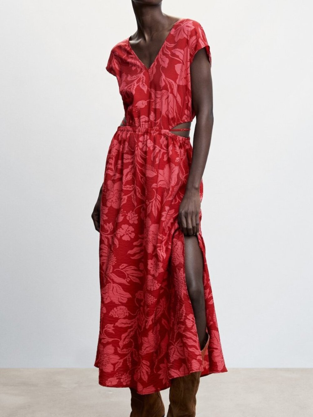 NWT Mango Side Slit Dress size 2 / XS - Floral Tropical Print Red Burgundy